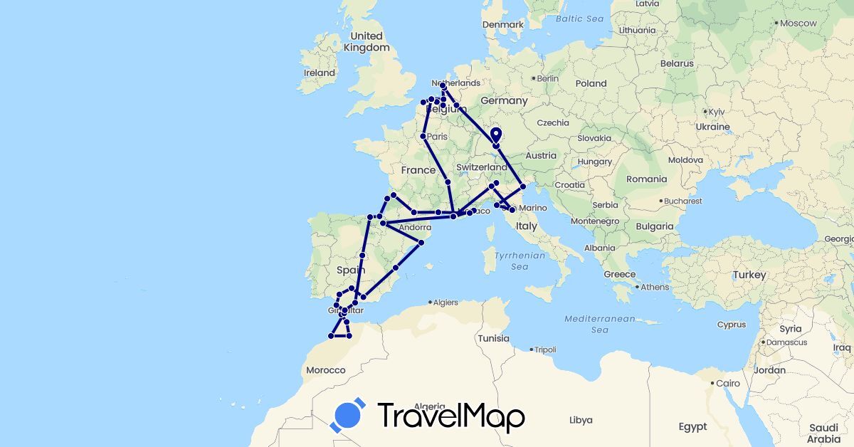 TravelMap itinerary: driving in Belgium, Germany, Spain, France, Italy, Morocco, Monaco, Netherlands (Africa, Europe)